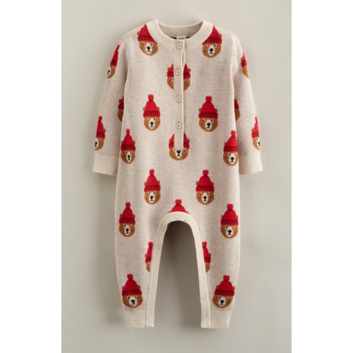 Bear Jacquard Cotton Sweater Romper, 3M