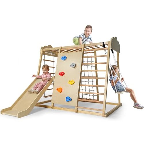 Uiirvdy Indoor Playground 8-in-1 Wooden Jungle Gym Large Kids Play Gym Climbing Toys with Swing, Slide with Preperation Zone, Monkey Bars, Climbing Rocks, Rope Wall, Ladders