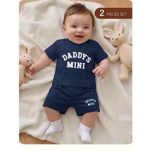 2pcs/Set Newborn Baby Comfortable, Casual, Minimalist, Preppy Letter Print Knit Top And Shorts Set. Suitable For Spring/Summer Wear, Indoor Activities, Outdoor Activities, Daily Wear, Photography, Vacation, Full Moon Celebration, Baptism, And Baby Party.