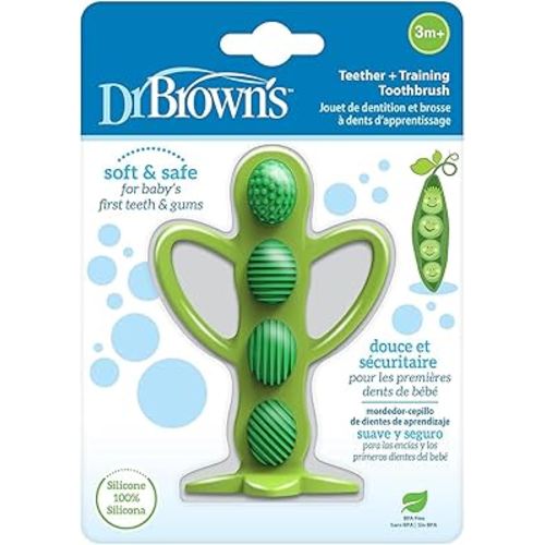 Dr. Brown's Peapod Teether + Training Toothbrush, Help Soothe Baby's Sore Gums, Soft 100% Silicone, BPA Free, 3m+