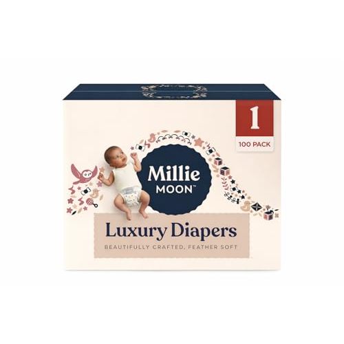 Millie Moon Luxury Disposable Baby Diapers Size 1 (100 Count), Ultra Soft Comfort, Absorbent Core for Day & Night Use, Wetness Indicator, Gentle Materials, Secure Fit