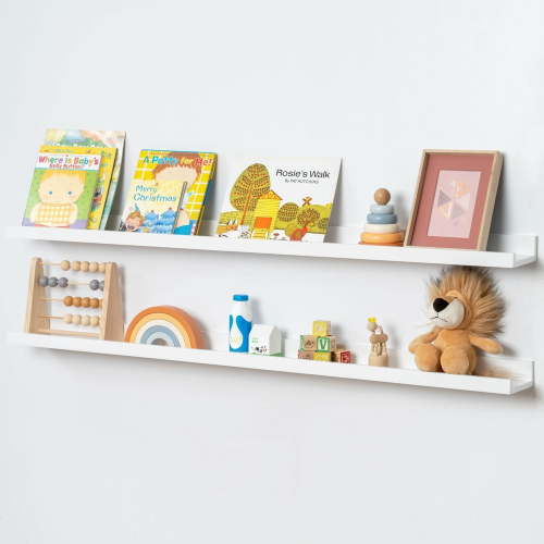 Picture Ledge Shelf for Wall, 48 inch Solid Pine Wood Nursery Book Shelves 2 Packs, Floating Ledge Shelves for ' Room Bedroom Bathroom Living Room Photo Frames Office Nursey Wall Decor, White
