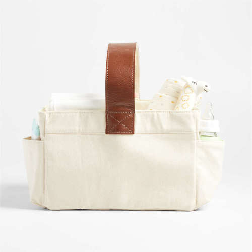 Crate&Kids Canvas Diaper Caddy Organizer with Brown Leather Handle