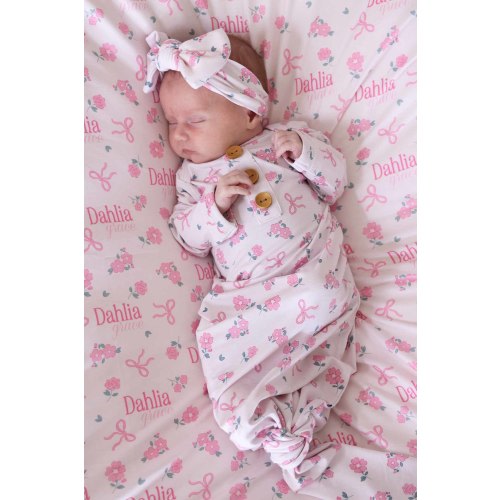 Ribbon & Roses Newborn Baby Knot Gown & Hat Set | Pink