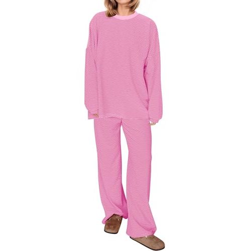 Women Striped 2 Piece Lounge Set Long Sleeve Oversized T Shirts Wide Leg Pants Matching Sets Casual Comfy Pajama Set