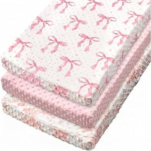 3 Pcs Pink Bow Baby Changing Pad Covers, Flowers Changing Table Cover for Girls, 32 x 16 in Minky Table Sheets, Soft Velvet Nursery Decor, Baby Items