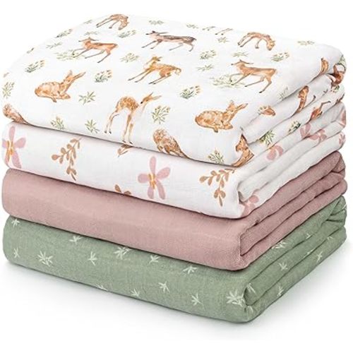 GLLQUEN BABY Muslin Swaddle Blankets 4-Pack Breathable Receiving Blankets (35" x 40") Soft Baby Blankets for Girls and Boys Newborn Essentials Muslin Swaddle Wrap Baby Gift(Deer)