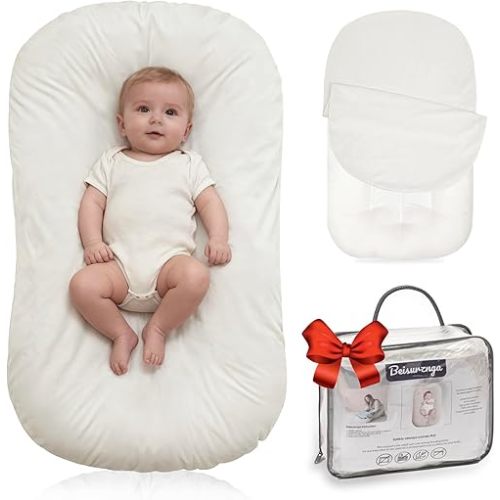 Baby Lounger for Newborn - Snuggle Cozy Me Lounger | Breathable Soft Cotton, 0-24 Months Portable Playtime Baby Nest, Newborn Baby Essentials Gifts- White (1 Lounger + 1 Cover)