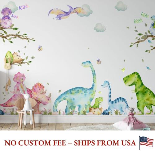 Watercolor Dinosaur Wall Decals for Boys Room – Cute Dino Nursery Stickers with Volcano & Baby Dinosaurs – Perfect Baby Boy Gift
