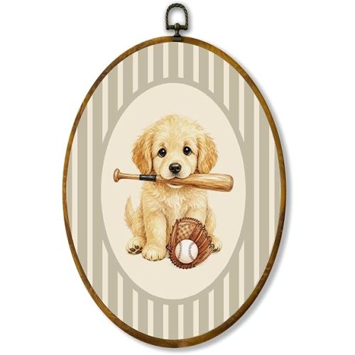 zewepri Baseball Puppy Oval Wall Art, Cute Sports Nursery Decor