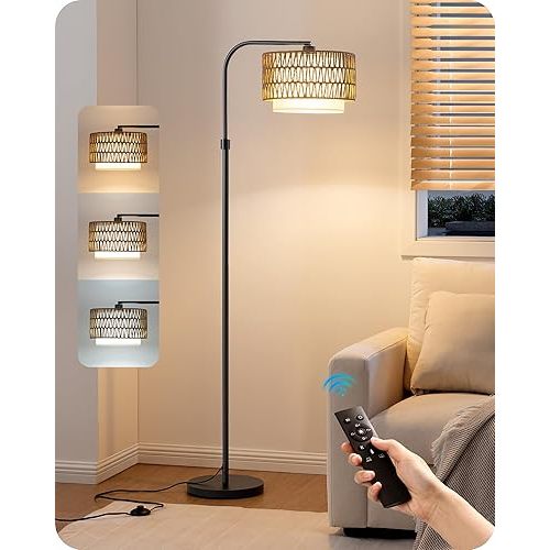 EDISHINE Arc Floor Lamps for Living Room Rattan Boho Floor Lamp with Remote Control,Dimmable Standing Lamp Wicker Lamp Shades Black Standing Lamp with 5 Color Temperature Tall Floor Lamps for Bedroom