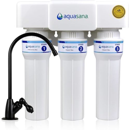 Aquasana Under Sink Water Filter | 3-Stage Max Flow Filtration | Certified to Reduce up to 99.99% of PFAS, Lead, Chlorine, & More | Under Counter Drinking Water Filter | Chrome Faucet | AQ-6300M-CHR