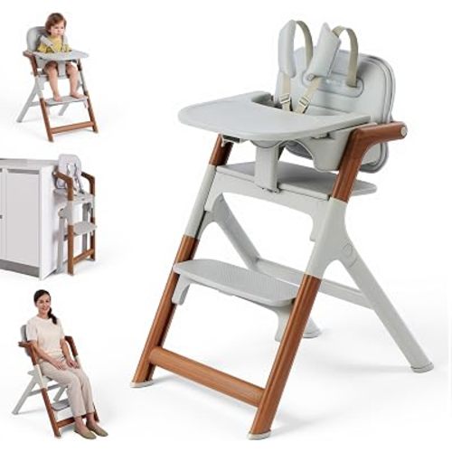 SYNCFUN Convertible Baby High Chair, Foldable High Chairs for Babies and Toddlers, Adjustable Feeding Chair with Removable Tray Easy Clean Wipeable Seat, 6 Months to 300 Lb, Wood Grain Frame