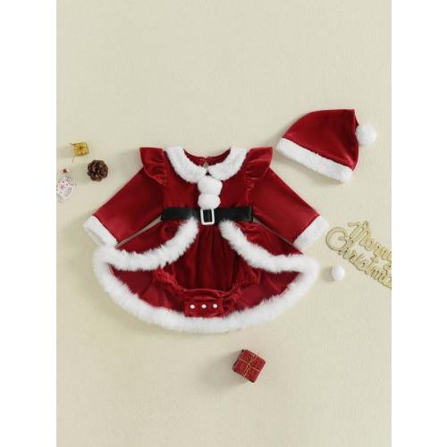 Baby Girls Christmas Romper Dress Plush Patchwork Long Sleeve Jumpsuits And Cute Santa Hat Set For Toddler Outfits | SHEIN USA