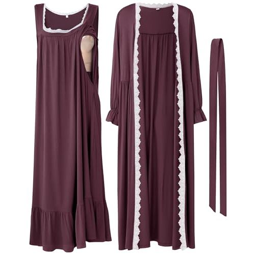 2 Pcs Lace Maternity Nursing Nightgown and Robe Set for Women Nursing Pajamas Gown Breastfeeding Pjs for Hospital