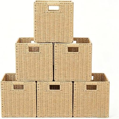 10.5x10.5'' Cube Storage Baskets, Set of 6 Natural Paper Rope Multipurpose Collapsible Organizers, Woven Laundry Totes for Laundry, Storage Cubes,Wicker Baskets Laundry Organizer Totes for Home