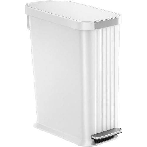 iTouchless SoftStep 50 L / 13.2 Gallon Slim Step Pedal Kitchen Trash Can with Odor Filter, Indoor Recycling Bin Durable Dent-Proof, Stainless Steel Trim Garbage Bin with Lid, Home Office White Plastic