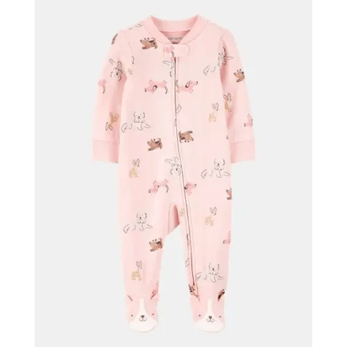 Baby Girl Dog Print 2-Way Zip Cotton Sleep & Play Pajamas - Pink