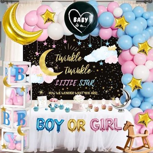 Twinkle Twinkle Little Star Gender Reveal Decorations - Moon and Star Theme Party Supplies Include Balloon Garland Arch, Backdrop, 4 Boxes, Boy or Girl Foil Balloons - How We Wonder What You Are