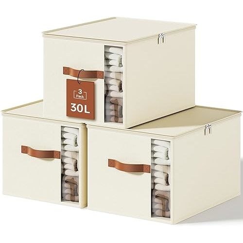 Clothes Storage Bins with Sturdy Frames, Foldable Fabric Clothing Organizer Box for Moving, Sweater Storage Cube with Lids and Zipper, Linen Closet Storage Bags for Blankets, Clothes, Sheet