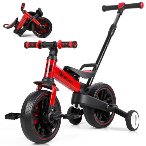 Dbuoem Balance Bicycle with Push Handle 6 in 1 Folding Push Bike with Training Wheels Pedals,