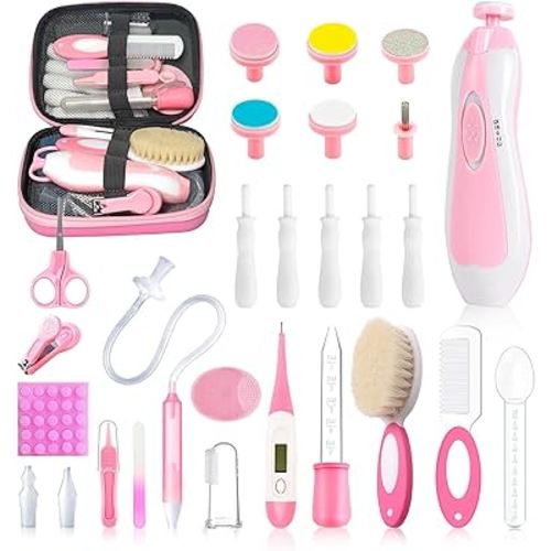 28 in 1 Baby Healthcare and Grooming Kit, Infant Baby Nursery Kit Electric Nail Trimmer Set with Gas Colic Passer Nasal Aspirator Nail Clipper Hair Brush Comb for Newborn Girls Boys (Pink)