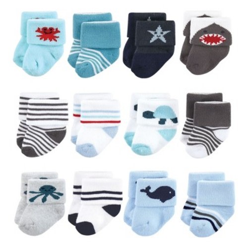 Hudson Baby Basics Infant Baby Cozy Terry Baby Sock 12-Pack, Ocean Playtime, 0-6 Months