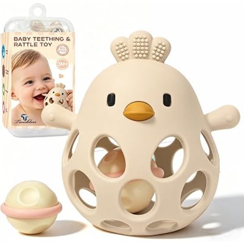 Tinabless 2-in-1 Baby Teether Rattle Toy, Easy Grip Silicone Teething Toy for Babies 3-12 Months, BPA-Free Sensory Chew Toy for Sore Gums, Infant Shower Gift (Beige w/Rattle)