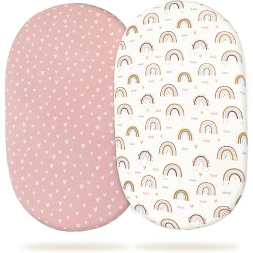 Insular Baby Bassinet Sheets for Boys Girls, Universal Fitted 100% Cotton Bassinet Sheet 2 Pack for Standard and Toddler Mattress, Breathable Soft, Rainbow& Pink Heart