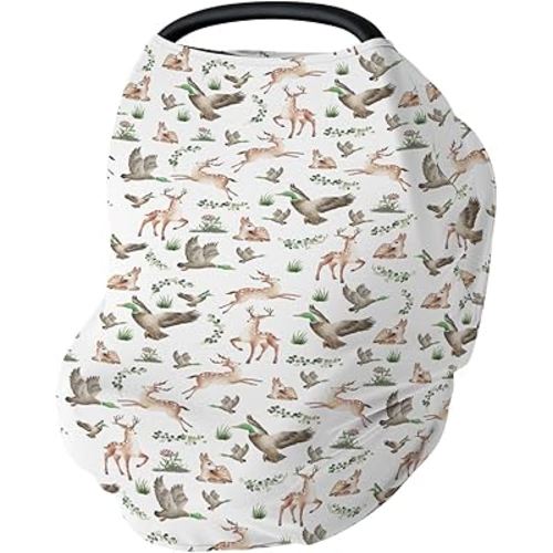 Wild Animals Hunting Baby Car Seat Covers Mallard Duck Deer Green Leaves Stretchy 5-in-1 Cover Adjustable Infant Carseat Canopy Cover Country Animal Hunters Breathable Nursing Cover-Up