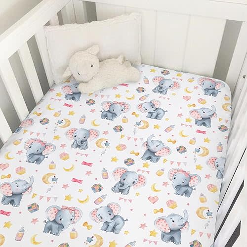 Cute Elephant Baby Crib Sheets 52''x28'' Cartoon Elephant Snug Fitted Crib Mattress Sheet for Boy Girl Elephant Pink Soft Nursery Baby Bed Sheets Fits Standard Crib and Toddler Mattresses