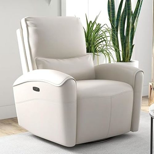 Bonzy Home Power Swivel Rocker Recliner Chair with USB Port, 23.2" Wide Seat, Fixed Lumbar Support, Upholstered Glider Chair for Nursery Living Room, Beige