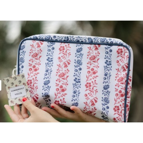 Large Patterned Toiletry Bag. Color: "Floral Stripe in Lobster & Atlantic"