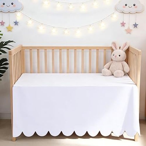 Scallop Edge Crib Skirt White, 100% Egyptian Cotton 400 Thread Count Crib Skirt Dust Ruffle,Double Layer,Durable,Smooth Toddler Bedding Skirt for Baby Girls or Boys, 52"X28" with 14"