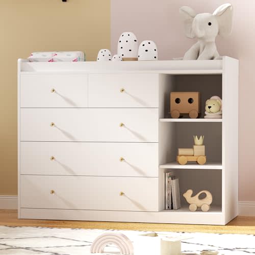 NEBZHASK 47.2" White Nursery Dresser with 5 Drawers and 3 Open Shelves Changing Table Dresser with Changing Table Top Diaper Changing Station with Storage for Nursery Children's Room