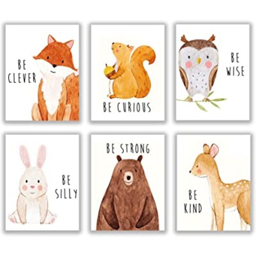 Set of 6 Baby Animal Nursery Wall Art Prints - Cute & Inspirational Decor for Baby Girls & Boys, Kids Room, Playroom, Nursery - Unframed 8x10 Inch Posters - Woodland Animal Nursery Decor