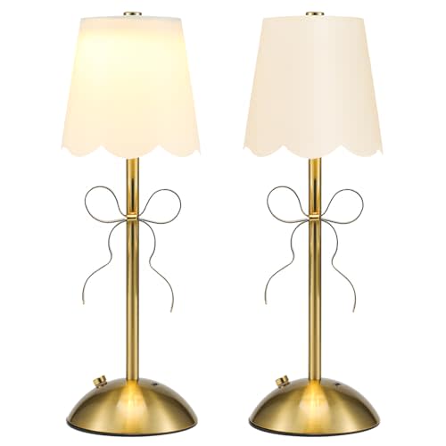 2 Pack Fabric Bow Lamp Three-Color Light Adjustment Golden Bowknot Bedside Lamp with Fabric Lampshade for Princess Rooms Girls' Rooms Pink Party Decoration