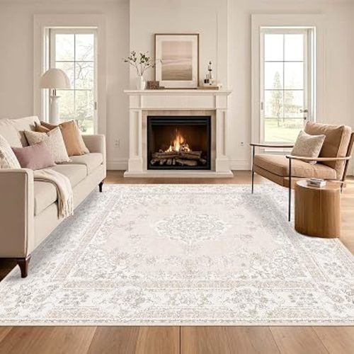 8x8 Square Beige Area Rug: Vintage Floral Soft Washable Carpet Living Room