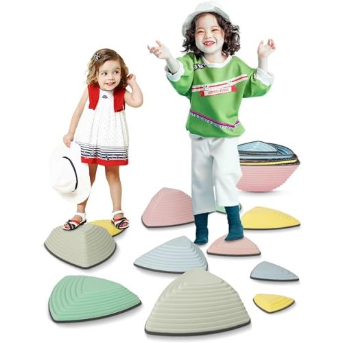 FAHKNS Stepping Stone for Kids Body Coordination Exercising Balance Ability Promoting, River Stone for Child Obstacle Courses Sensory Toys for Toddles Set of 12 Macaron Color