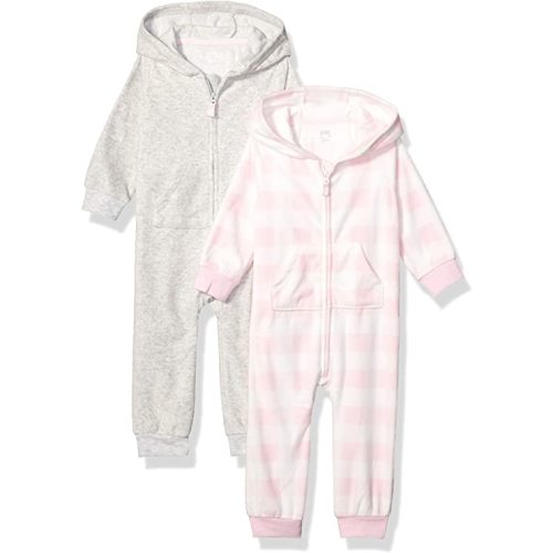 Amazon Essentials Baby Girls' Microfleece Hooded Coveralls, Pack of 2 - Newborn - Pink, Buffalo Check