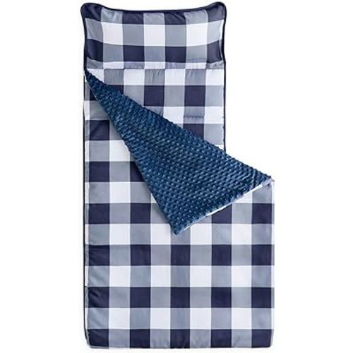 Wake In Cloud - Toddler Nap Mat with Pillow and Minky Fleece Blanket, for Kids Boys Girls in Daycare Preschool Kindergarten, Roll Up Sleeping Bag, Buffalo Check Plaid, Navy Blue White, Standard