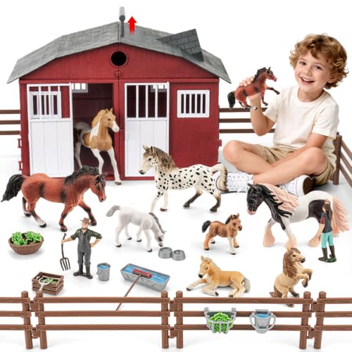 THINKBAY 47PCS Solid Horse Toy Stable with Handle, Farm Animal Barn Toys | Horse Stable Playset with Farm Fences, Solid Plastic Farm Barn Toy, Birthday Gift, Cake Toppers Favors for Ages 3+ Boys Girls
