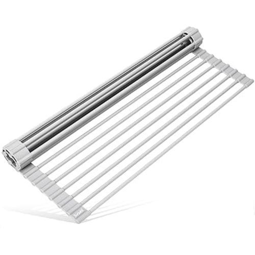 Surpahs 17.5 x 13.1 Inch Roll-Up Dish Drying Rack, Fits Across Sink Openings up to 16.5 Inches, Heavy-Duty Premium Silicone, Strong Support, Non-Slip, Heat-Resistant, Warm Gray