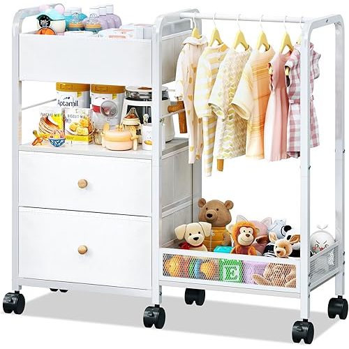 Baby Diaper Caddy Organizer with Hanging Rack, Rolling Diaper Utility Cart with Dividers and Drawers for Baby Essentials Storage, Bedside Cart with Wheels for Changing Station, Crib, Nursery, Bedroom