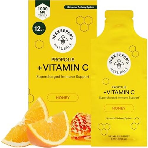 Propolis Liposomal Vitamin C by Beekeeper's Naturals, 1000mg Vitamin C, Propolis & Honey, Supercharged Immune Support & Increased Bioavailibity for Max Absorption, 12 Ct
