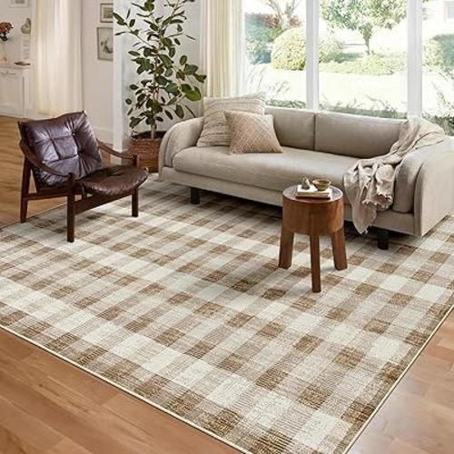 COLORPAPA Checkered Area Rug 5x7, Washable Rugs for Living Room, Modern Neutral Non Slip Indoor Carpet for Bedroom Office Patio Dining Room (Brown)