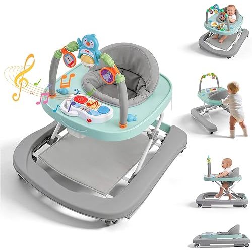 Foldable Baby Walker with Wheels, 3 Height Settings, 4-in-1 Activity Center for 6-18 Months with Tray, Music & Removable Footrest