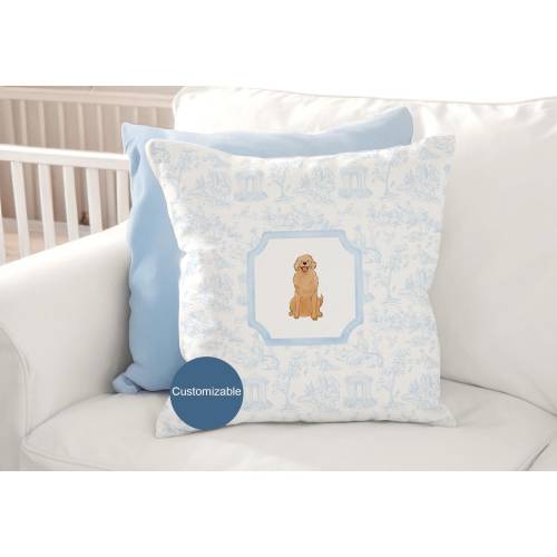 Personalized Pet Portrait Pillow Case, Custom Golden Retriever Dog Coquette Aesthetic Nursery Decor, Blue Baby Shower Gift, French Toile Art