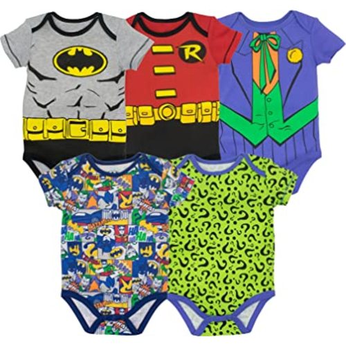 WARNER BROS Justice League DC Comics Baby 5 Pack Cosplay Costume Bodysuits Newborn to Infant Sizes (Newborn - 24 Months)