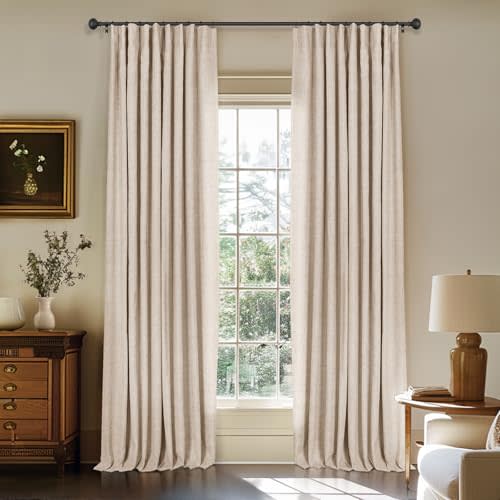 100% Blackout Curtains for Bedroom Oatmeal Linen Look Curtains 84 Inch Long | Black Out Curtains for Living Room 2 Panels, Clip Rings Blackout Drapes, Thermal Insulated Room Darkening, W50xL84